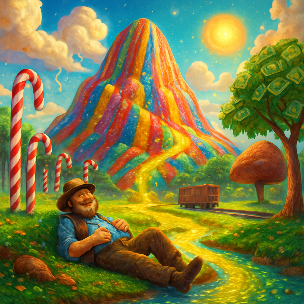 Surrealism Art Style, Digital Art Style, a brilliantly vibrant, whimsical, and exaggerated landscape depicting the mythical "Big Rock Candy Mountain." The massive mountain at the center of the scene is composed entirely of striped rock candy, glistening in the eternal sunshine. A cheerful hobo figure, relaxed and smiling, is seen lounging by a sparkling stream of pure lemonade that flows down the mountainside. The landscape is surrounded by giant peppermint stick forests and trees whose leaves are crisp dollar bills. The clouds in the sky are made of whipped cream, and the rain is a sweet syrup. There are prominent features like a cigarette tree, a luscious ham tree, and railroad tracks where the boxcars are always empty and waiting. The colors are hyper-saturated and joyful, rendered with the smooth, detailed clarity of digital art, yet maintaining a dreamlike, slightly absurd quality. Focus intently on the dazzling texture of the candy landscape, the flowing lemonade water, and the utopian, escapist joy of the scene.