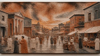 bustling city street panorama at dusk