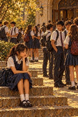 a group of school girls sitting on steps in front of a building