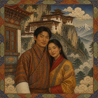 portrait of two people together — Bhutanese Art Style