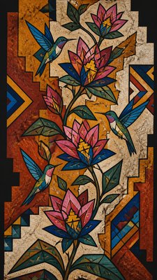 a climbing vine of flowers and hummingbirds on a dark background, tall wrapping composition, no text