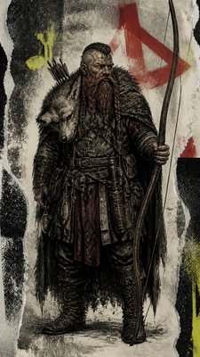 full-body original character: a dwarven ranger with a braided auburn beard, worn leather armor, a longbow and a wolf-pelt cloak, neutral background, no text