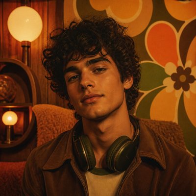 head-and-shoulders portrait of an original character: a young man with curly dark hair and headphones around his neck, plain backdrop, no text