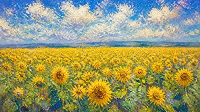 an endless field of sunflowers under summer clouds, no people