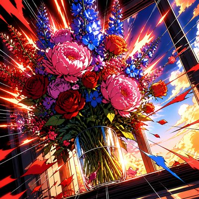 bouquet of peonies, delphiniums and roses in a clear glass vase on a windowsill, no people