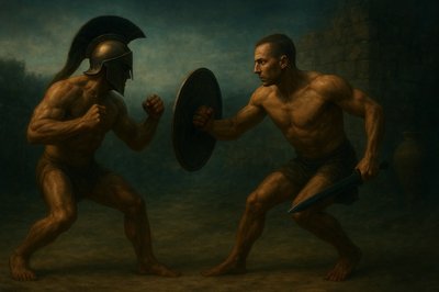 a painting of two men fighting each other