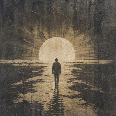 a solitary figure walking toward a glowing horizon across an empty plain, moody atmosphere, no text or lettering
