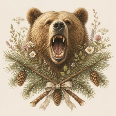 a roaring bear head above crossed pine branches, bold graphic composition on a plain background, no text