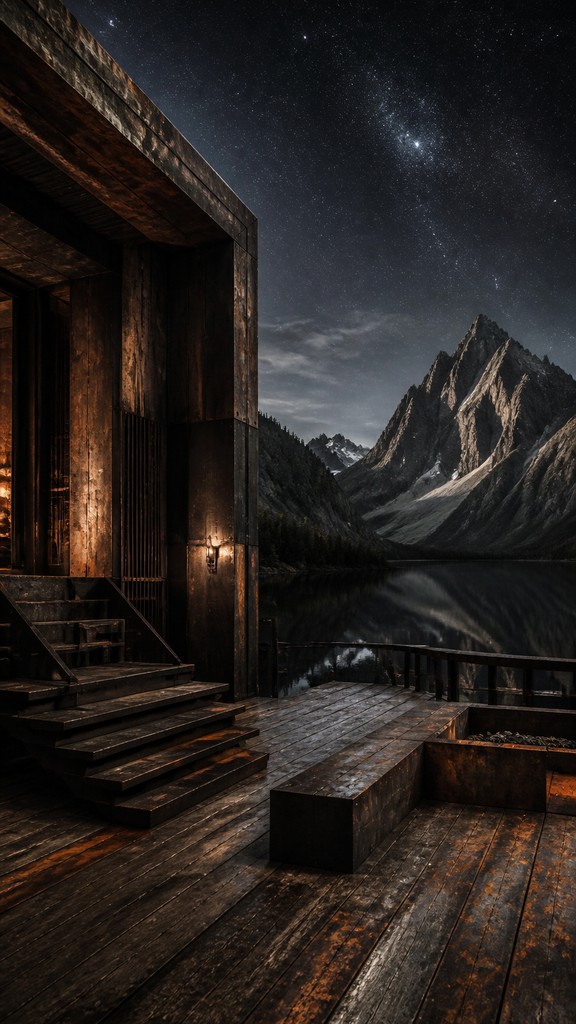 a tranquil mountain lake beneath a starry night sky, no people, no text