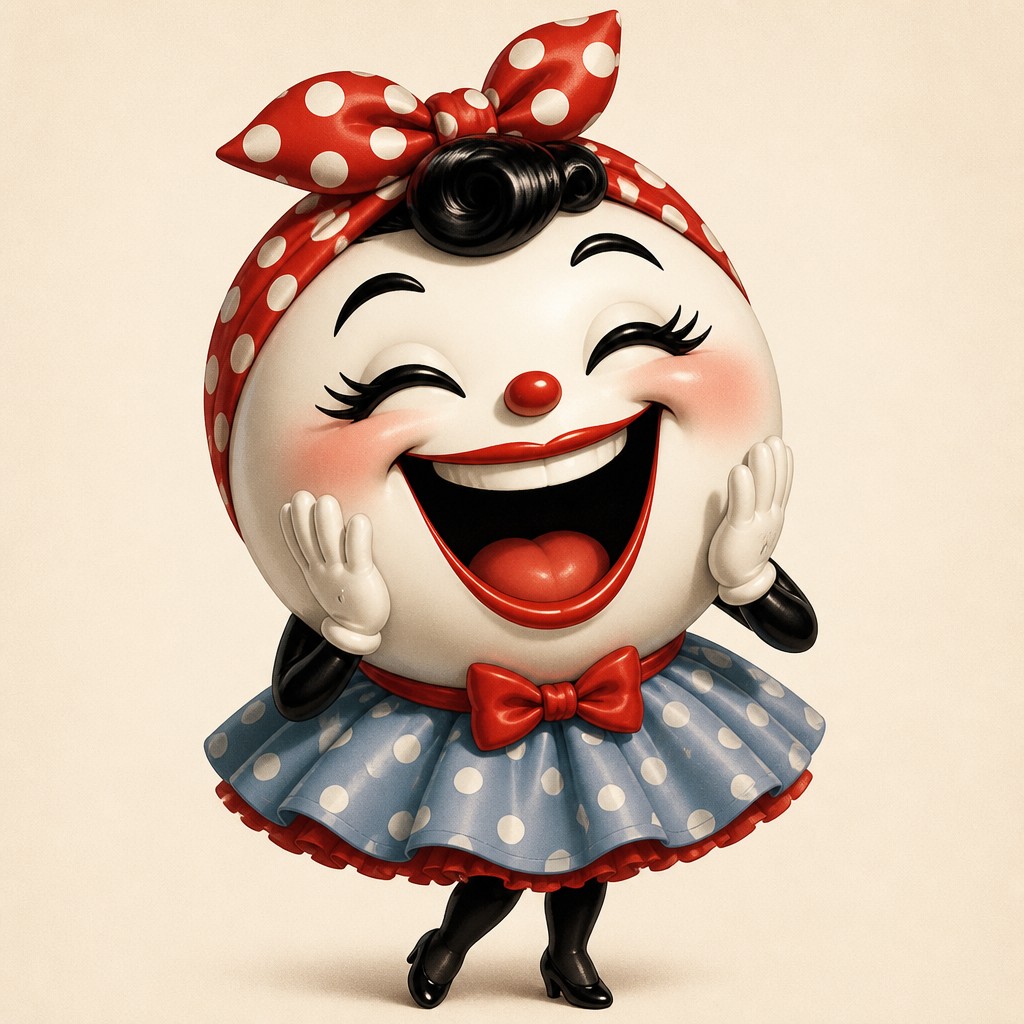 an exaggerated laughing face of an original round mascot character, bold and readable at small size, plain background, no text