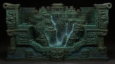 a cliffside city with waterfalls cascading into a misty canyon, wide establishing shot, no people, no text
