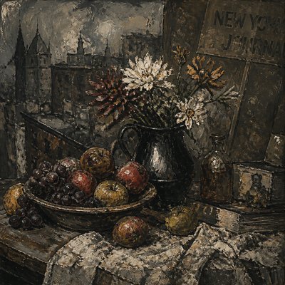 still life arrangement of fruits and flowers