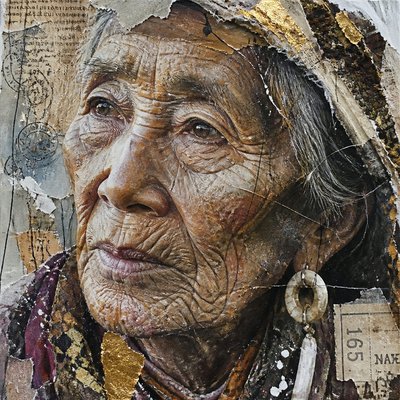 close-up portrait of an elderly person with expressive weathered features