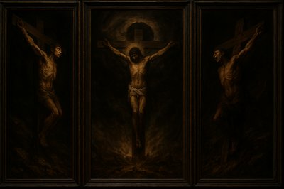 A triptych oil painting, presented as three heavily framed, connected panels in the dramatic, tenebrism style of Baroque masters like Caravaggio. The overall atmosphere is one of supernatural, oppressive darkness and violent chaos.

The Left Panel shows the penitent thief on his cross, body twisted in pain but his face turned toward the center panel with a look of sorrowful acceptance. A faint, supernatural light illuminates his face against a nearly black sky. Below him, rocks are splitting.

The Center Panel is dominated by Jesus on the cross, head bowed in finality. The sky is a swirling vortex of eclipse darkness, blotting out the sun. The ground beneath the cross is violently cracking open, emitting dust and smoke, with debris caught in mid-air from the earthquake shockwave.

The Right Panel shows the impenitent thief, writhing and screaming against his bonds, his face contorted in rage looking away from the center. He is almost swallowed by the shadows. The cross appears unstable as the cliffside crumbles beneath it. The entire triptych has a rich, dark color palette of deep browns, blacks, and muted crimson, textured with visible, frantic brushstrokes.