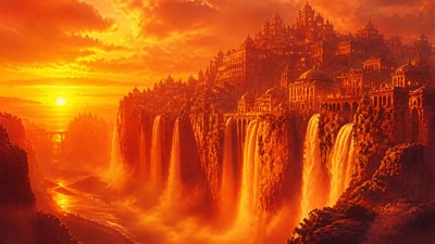 a cliffside city with waterfalls cascading into a misty canyon, wide establishing shot, no people, no text