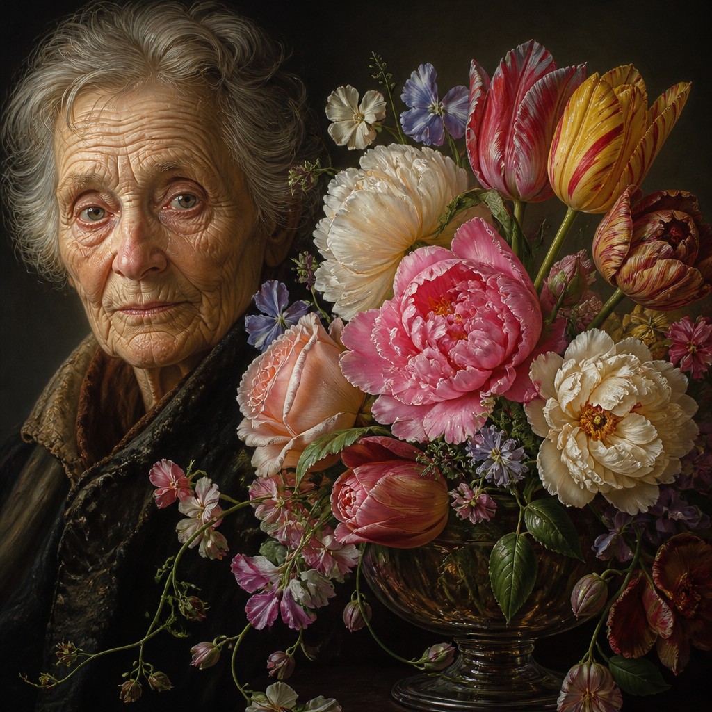 close-up portrait of an elderly person with expressive weathered features — Flower Painting Art Style