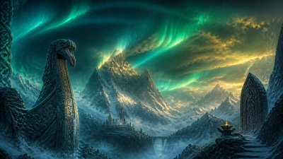 a flowing aurora over snowy peaks, wide sweeping composition, no people, no text