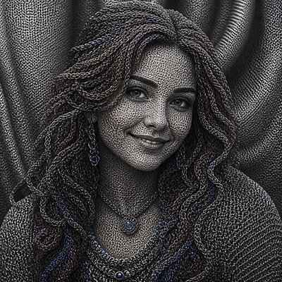 head-and-shoulders portrait of an original character: a young woman with wavy chestnut hair and a warm smile, plain soft backdrop