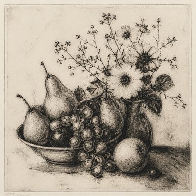 still life arrangement of fruits and flowers
