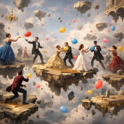 A group of people dressed up for a ball having a balloon fight