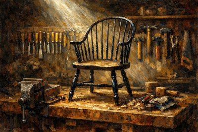 An interior scene, walking into an old woodworker's shop.  The shop is orderly and neat, but well-used.  I see a workbench in front of me with a woodworker's vise mounted on it.  Several chisels, screwdrivers, mallets, claw hammers, and other such tools are hanging on the wall behind the bench.  A very nice black Windsor Chair is positioned on the bench ready for the seat to be repaired. Ambient light is low, and beams of light are streaming in from a source above, with motes of dust floating around in them.  Everything is ready for work.