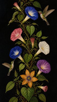 a climbing vine of flowers and hummingbirds on a dark background, tall wrapping composition, no text