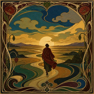 a solitary figure walking toward a glowing horizon across an empty plain, moody atmosphere, no text or lettering