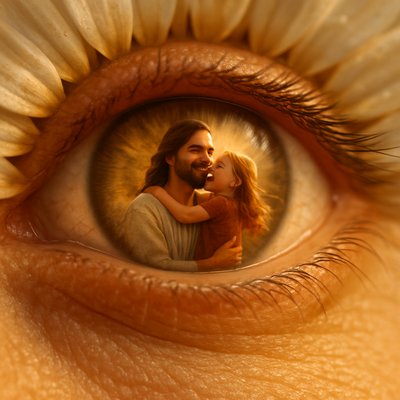 A close up of an eye. Around the eye are daisy petals - as if the eye is the center of the daisy. In the pupil a picture of Jesus swinging a little girl with long red hair, her arms around His neck, close-up view, macro perspective, joyful mood, golden hour color palette, god rays lighting, framing composition, masterpiece, best quality, ultra detailed, sharp focus, highly detailed