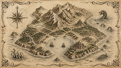 a map of an island realm with mountains, forests, a sheltered bay, sea monsters in the water and a compass rose, no text labels