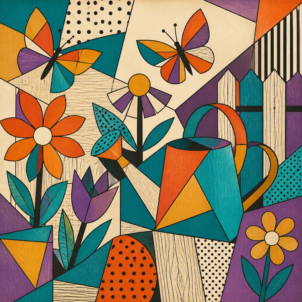 a garden scene with butterflies, flowers and a watering can, clean uncolored line art, no text