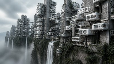 a cliffside city with waterfalls cascading into a misty canyon, wide establishing shot, no people, no text