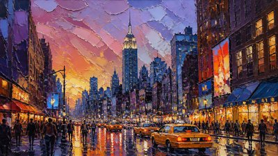 bustling city street panorama at dusk