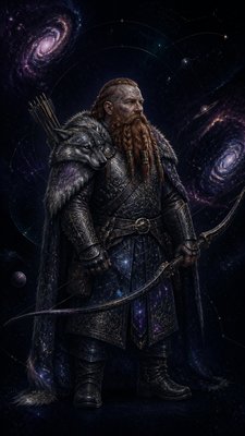 full-body original character: a dwarven ranger with a braided auburn beard, worn leather armor, a longbow and a wolf-pelt cloak, neutral background, no text