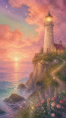 a lone lighthouse on a cliff at dusk under a dramatic sky, no text or lettering