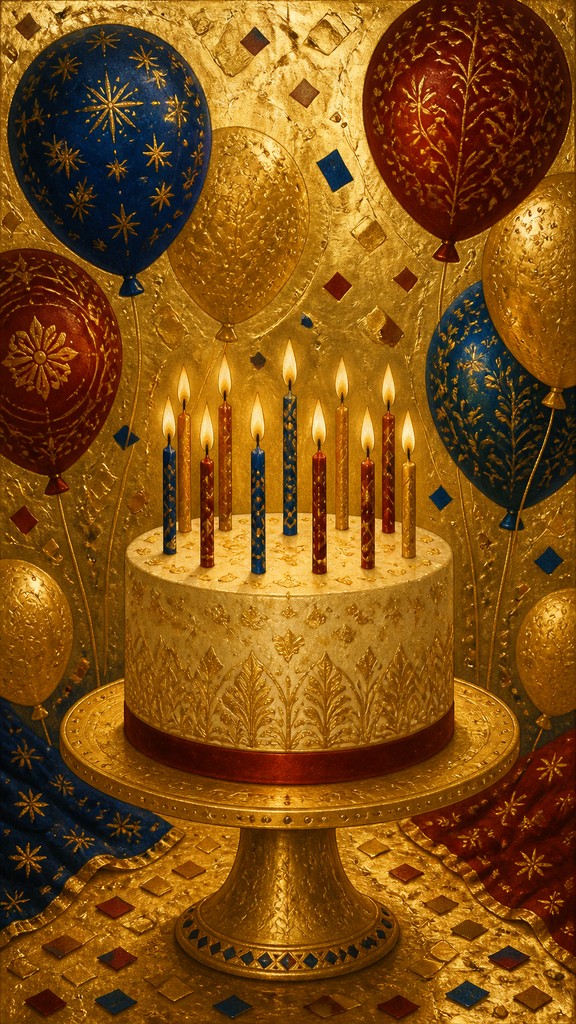a birthday cake with lit candles surrounded by balloons and confetti, festive vertical composition, no text