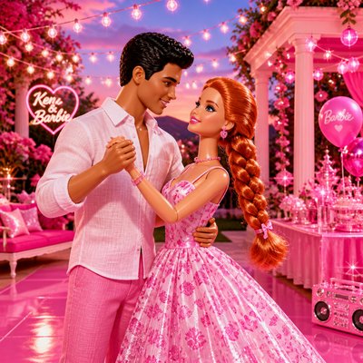 an original couple dancing under string lights in a garden at dusk: a man with short black hair in a linen shirt and a woman with braided red hair in a summer dress