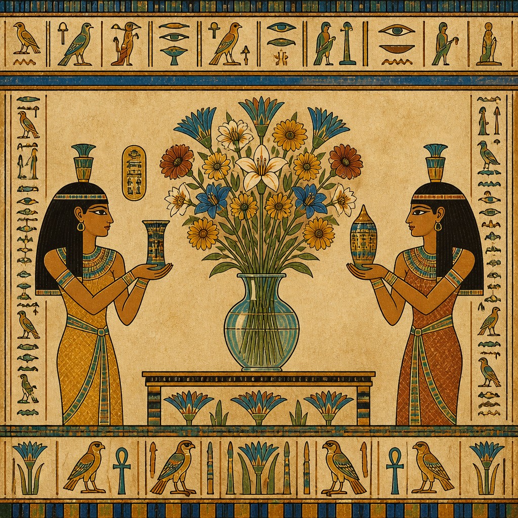 bouquet of flowers in a glass vase — Ancient Egyptian Art Style