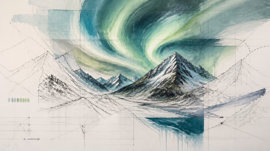 a flowing aurora over snowy peaks, wide sweeping composition, no people, no text