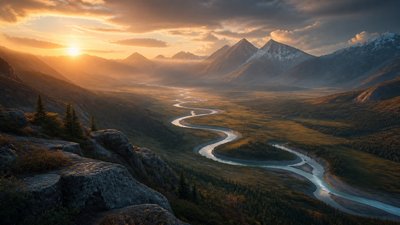 a vast valley with a river winding toward distant mountains at sunrise, no people, no text