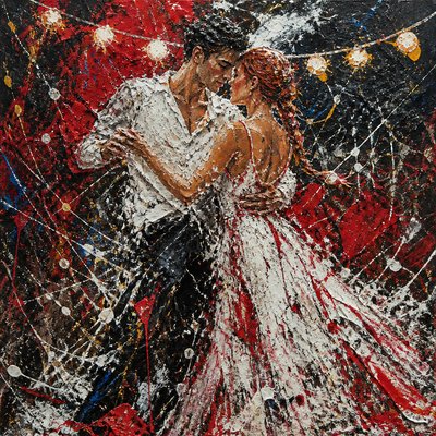 an original couple dancing under string lights in a garden at dusk: a man with short black hair in a linen shirt and a woman with braided red hair in a summer dress