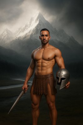 a man with a helmet and a sword standing in front of a mountain