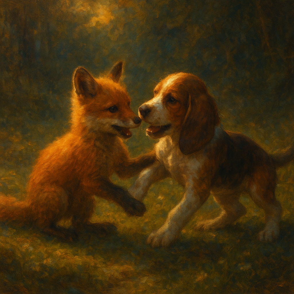 "Photorealistic image of a red fox pup and a hound puppy, in playing together in a romp.. Set in a sun-dappled forest clearing with soft moss and wildflowers. Warm, golden-hour lighting. Emphasize tenderness, trust, and youthful affection. Highly detailed fur textures. Evokes the movie 'The Fox and the Hound' but with real animals.