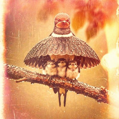 three little birds sitting on a branch in the rain