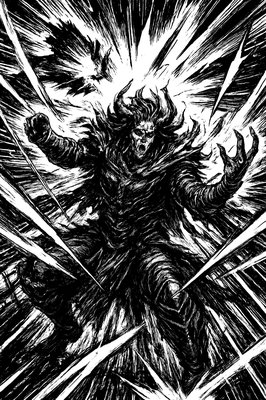 a black and white drawing of a demon