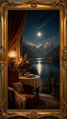 a tranquil mountain lake beneath a starry night sky, no people, no text