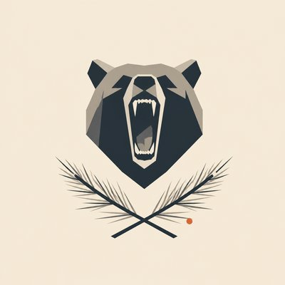 a roaring bear head above crossed pine branches, bold graphic composition on a plain background, no text