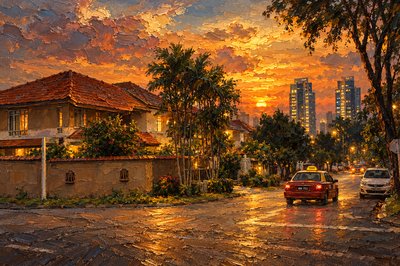a painting of a city street at sunset