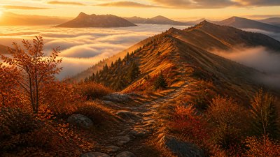 a wide alpine ridge above a sea of clouds, no people