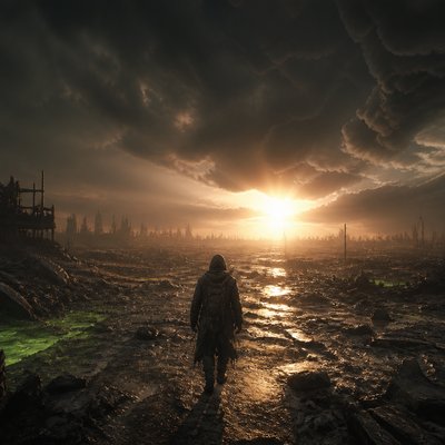 a solitary figure walking toward a glowing horizon across an empty plain, moody atmosphere, no text or lettering