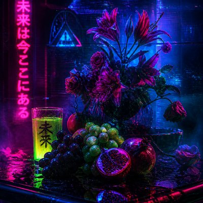 still life arrangement of fruits and flowers
